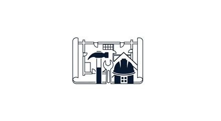 Blueprint schematic with construction tools and helmet symbolizing building or renovation projects