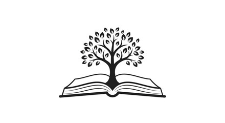 Symbolic representation of knowledge with open book and tree of wisdom illustration