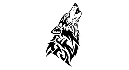 Stylized howling wolf design rendered in bold tribal tattoo art style illustration