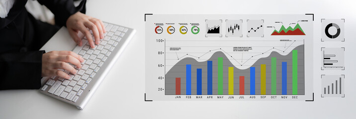 A business data analysis and performance monitoring dashboard. A collection of charts and graphs for strategic review and company evaluation. Motif