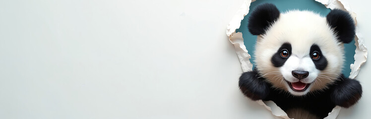 Fototapeta premium Cute panda looks out of torn paper. Playful animal peers out from hole in paper wall. Funny bear cub shows emotion. Adorable fluffy panda face expression looks from gap.