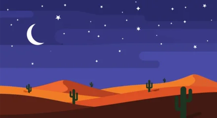 Fototapete Rund Warmes Lila Stylized vector landscape of a desert scene under the moonlight with cacti and sand dunes  © Anisah