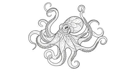 Detailed octopus illustration in black and white with intricate line work and flowing tentacles © Anisah