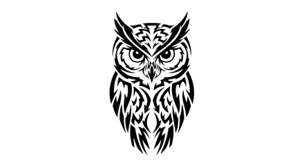 Stylized monochrome illustration of an owl in tribal tattoo inspired artwork design