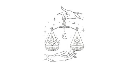 Elegant cosmic libra astrological balance hands with celestial elements illustration