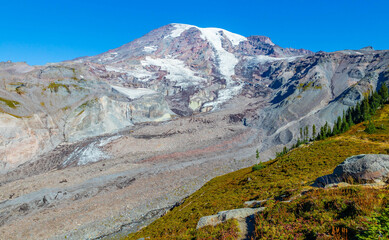 Close-up View of Mount Rainier on Skyline Trail, Summer Day