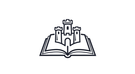 Enigmatic fortress illustration rising from the pages of an open book symbol
