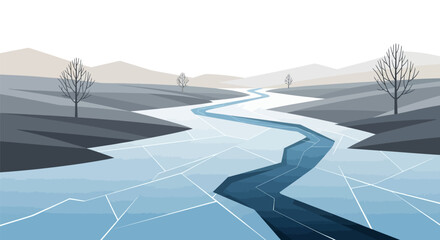 Frozen River Landscape with Mountains and Bare Trees in Winter Season Illustration