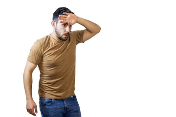 Young man shielding eyes from sunlight on white background. PNG