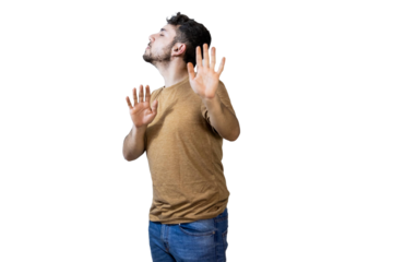 Man raising hands showing stop sign on white background. PNG