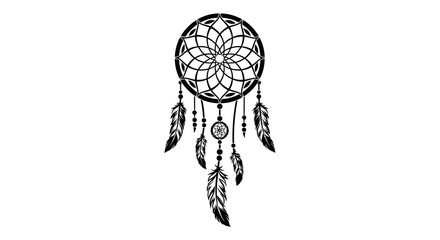 Intricate dreamcatcher illustration with geometric web and cascading feathers design on white © Anisah