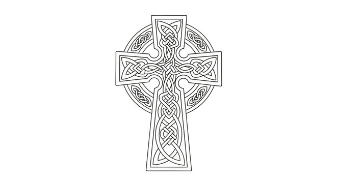 Ornate Celtic Cross Design Intricate Knotwork Line Art Illustration Detailed Graphic Black and White