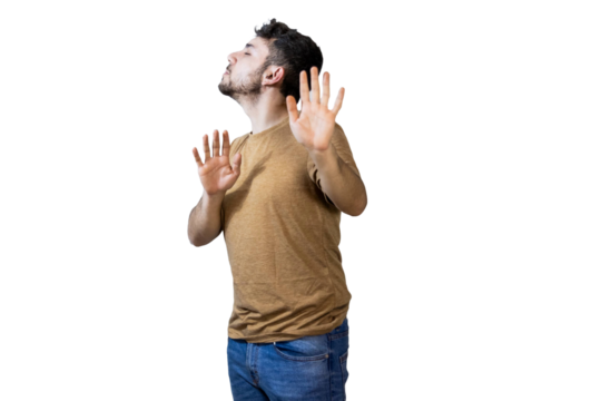 Man raising hands showing stop sign on white background. PNG