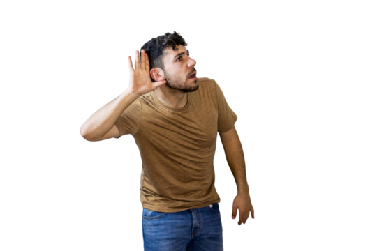 Young man trying to hear something placing hand on ear on white background. PNG