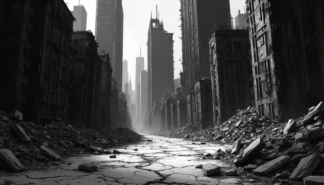 Post apocalyptic city street with ruined buildings and debris. Destroyed urban landscape, eerie atmosphere, black and white comic art style. No people visible in the desolate scene.