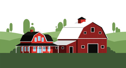 Stylized Rural Scene: Minimalist Farmhouse and Barn nestled within a Green Landscape