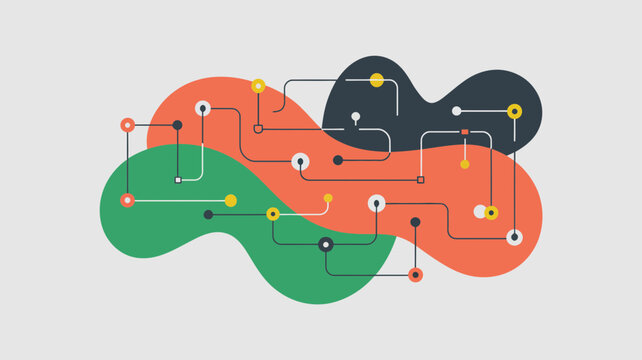 Abstract network of interconnected nodes and lines on a light gray background with organic shapes in green orange and dark blue