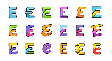 Collection of stylized letter E designs in vibrant, modern, and abstract styles, featuring a diverse palette of bright colors and dynamic shapes, perfect for branding, logos, and graphic design
