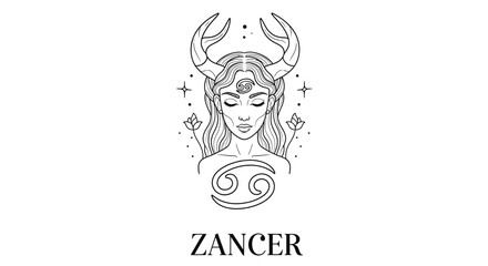 Mystical zodiac zancer illustration with a horned woman and delicate floral elements