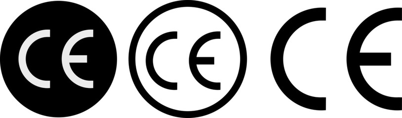 Collection of black and white CE marking symbols illustrating European standards of conformity and quality and safety certification,