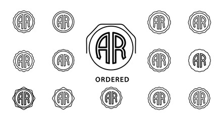 A collection of circular emblems featuring the intertwined letters "AR" in a stylized font, presented in a clean, outline-only aesthetic against a stark black background, with one central emblem