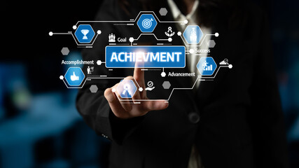 A professional businesswoman engages with a digital interface highlighting achievement, success,...