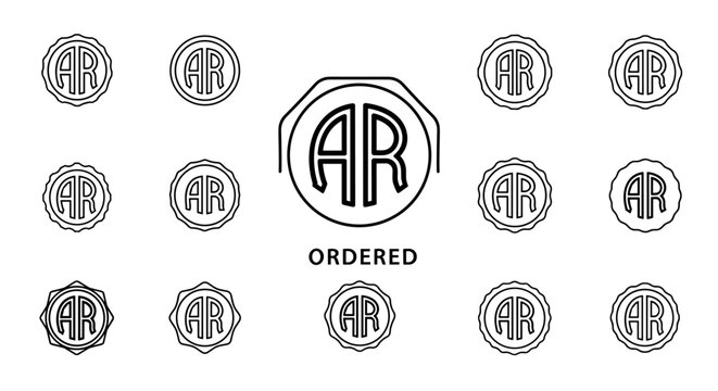 A collection of circular emblems featuring the intertwined letters "AR" in a stylized font, presented in a clean, outline-only aesthetic against a stark black background, with one central emblem