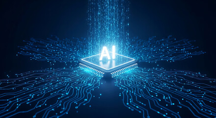 Glowing ai chip with digital data streams emanating outwards