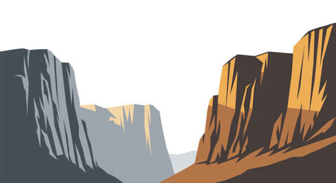 Stylized grand canyon vista showcasing rock formations and dramatic shadows in illustration