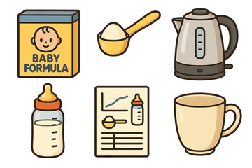 Baby formula preparation essentials: box, kettle, scoop, bottle, mug, instructions