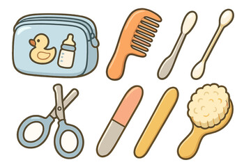 Baby grooming kit with comb, scissors, brush, cotton swabs, and nail file
