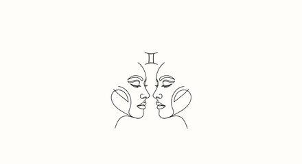 Twin faces in minimalist line art, zodiacal gemini representation and duality essence