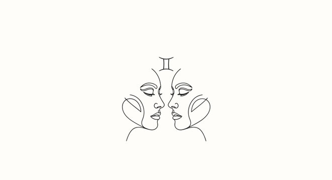Twin faces in minimalist line art, zodiacal gemini representation and duality essence