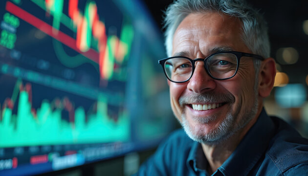 Happy male trader looks at screen. Man watches stock market data. Financial analyst smiles near stock chart. Businessman monitors investment portfolio success on display. Investor analyses economy on