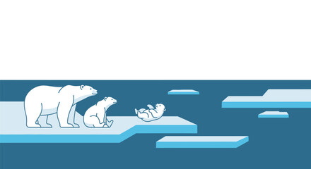 Illustrated polar bear family enjoying on a melting ice floe in minimalist style vector design
