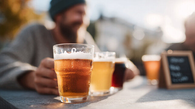Craft beer tasting with diverse brews. Friends enjoying a flight of beer, celebrating friendship, relaxation. Perfect for food, drink, or lifestyle concepts.