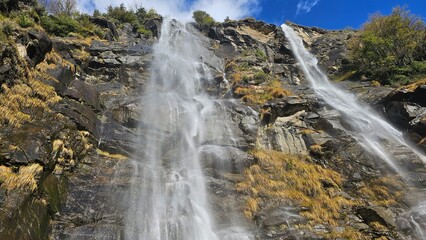 Fototapeta premium Aerial view of Acquafraggia waterfalls in Val Chiavenna, Italy