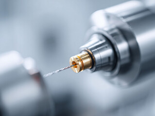 Precision machining concept showcasing intricate metalwork and a wire feed. Ideal for illustrating manufacturing, technology, engineering, or industrial processes.