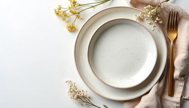Overhead photo of a minimalist table setting. Plates fork napkin and dried flowers on white background. Clean design aesthetic suitable for food blog or restaurant menu.