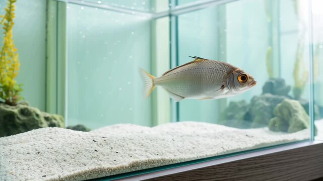 Minimalist aquarium decoration ideas. Graceful Fish Swimming Minimalist Aquarium with Clear Water, Decorative Plants, White Gravel, and Serene