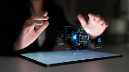 Cybersecurity system interface with biometric lock and data protection. Cybersecurity protects access, identity, cyber security prevents threats, and cyber security supports digital systems. Latch