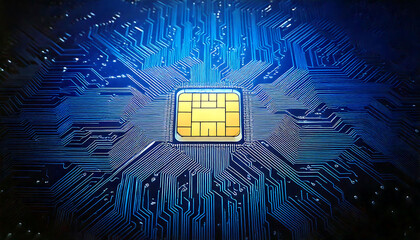 Close-up of a circuit board with a central SIM card, showcasing intricate circuitry.