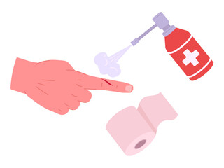 Cartoon injured hand. First aid for abrasion, body skin cut, medical treatment for arms injury flat vector illustration. Injured hand and medical treatment