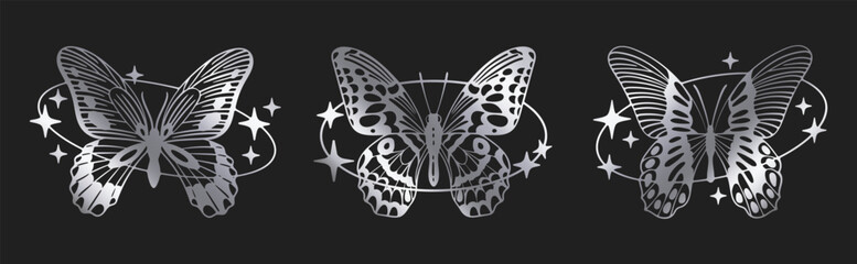 Cartoon silver y2k butterfly. Abstract silver y2k aesthetic flying insect, shiny foil butterfly silhouettes flat vector illustration set. Butterflies decor collection