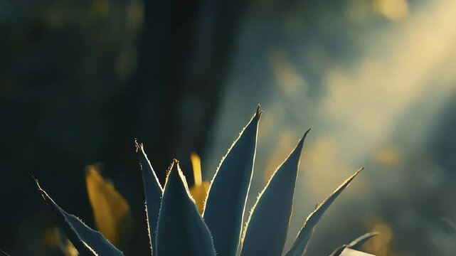 The agave plant displays its sharp, pointed leaves reaching towards the softly lit background. This agave plant thrives in its natural environment, showcasing vibrant green and res