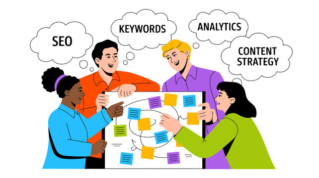 Diverse team collaborates on a whiteboard planning content strategy seo keywords and analytics for digital marketing success