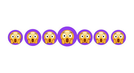 Obraz premium A horizontal line of seven identical 'Face Screaming in Fear' emojis, each enclosed in a vibrant purple circle, set against a stark black background, conveying shock, surprise, and alarm through