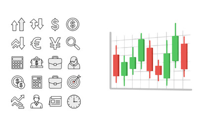 A dynamic 3D illustration showcasing a financial trading candlestick chart with red and green candles against a grid, accompanied by a collection of business and finance-related icons including