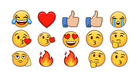 A vibrant collection of popular emojis and symbols, including laughing with tears, a red heart, thumbs up, crying face, kissing face, heart eyes, thinking face, cool face with sunglasses, and fire