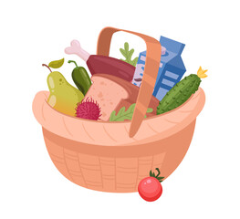 Hamper basket full of food. Grocery wicker basket, beverage, dining, dish wicker basket flat vector illustration. Handle wicker basket on white background